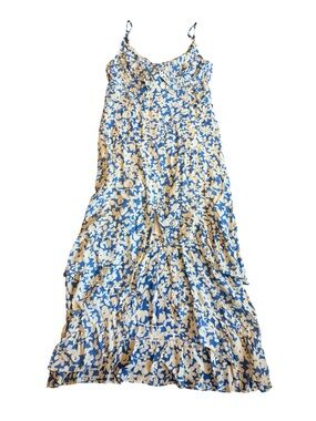 Winston White Blue Floral Miid Dress Tiered Ruffle Chiffon Flowy Size Large
